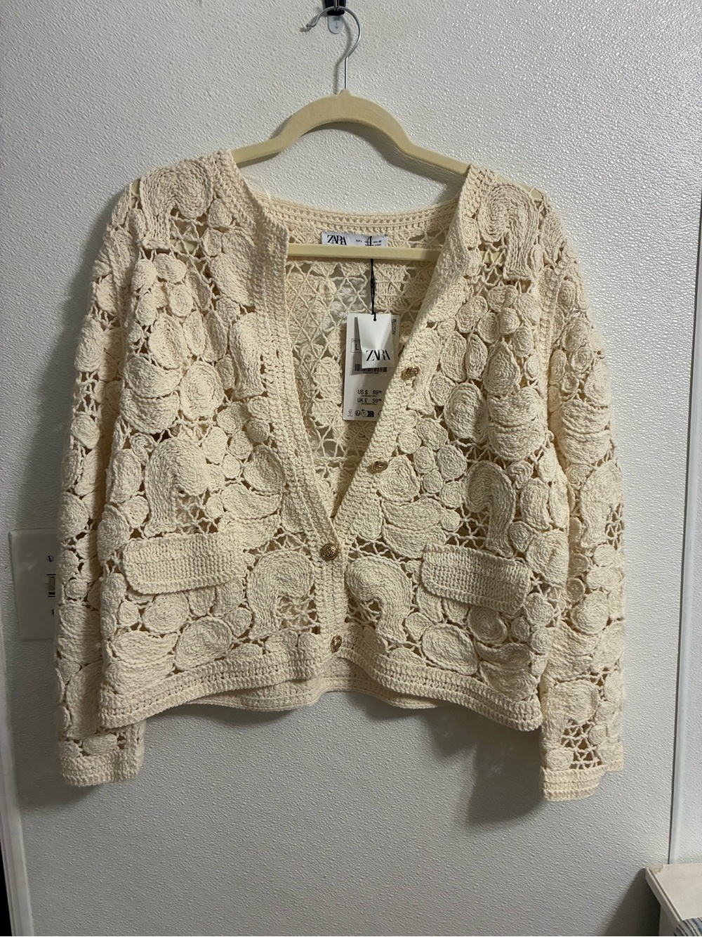 ZARA Cream Crochet Openwork Button-Front Cardigan size L NWT